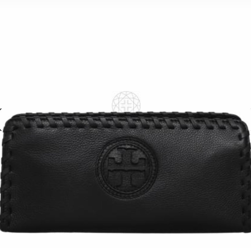 Tory Burch Black Leather Zip-Around Wallet with Whipstitch Detail